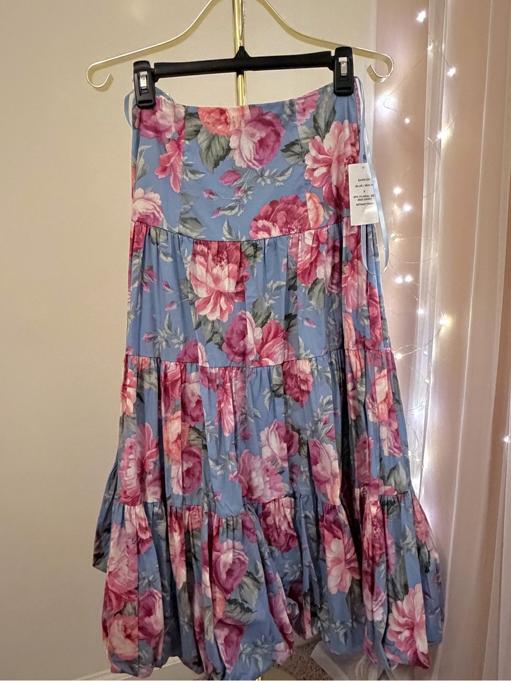 Floral strap top with Midi skirt in Blue & Pink Like New